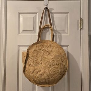 Round Tan Straw Tote Bag